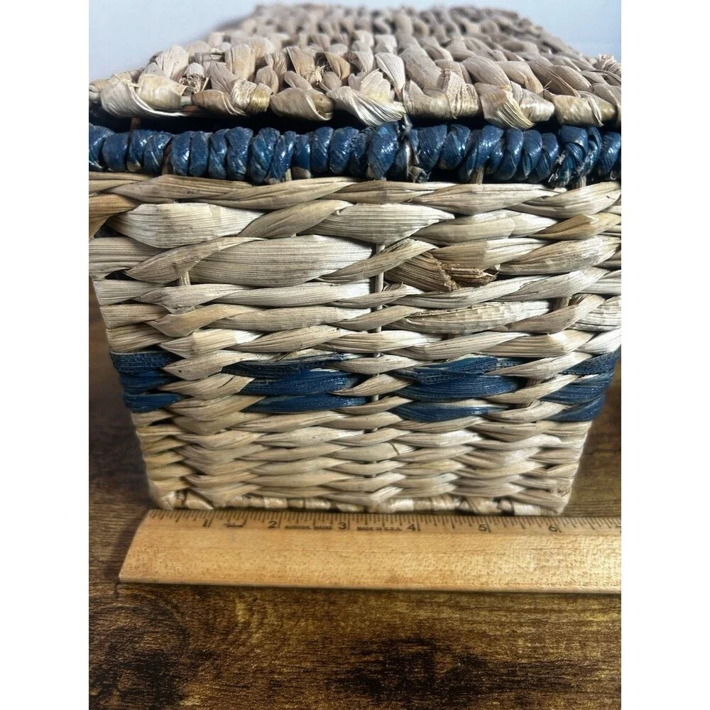 Woven Lidded Storage Basket Natural Blue Boho Bathroom Organizer Decorative Box